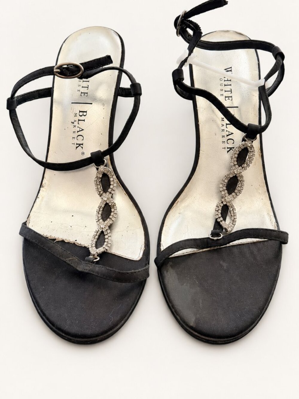 White House Black Market Black Rhinestone Oval T Strap Sandals 7